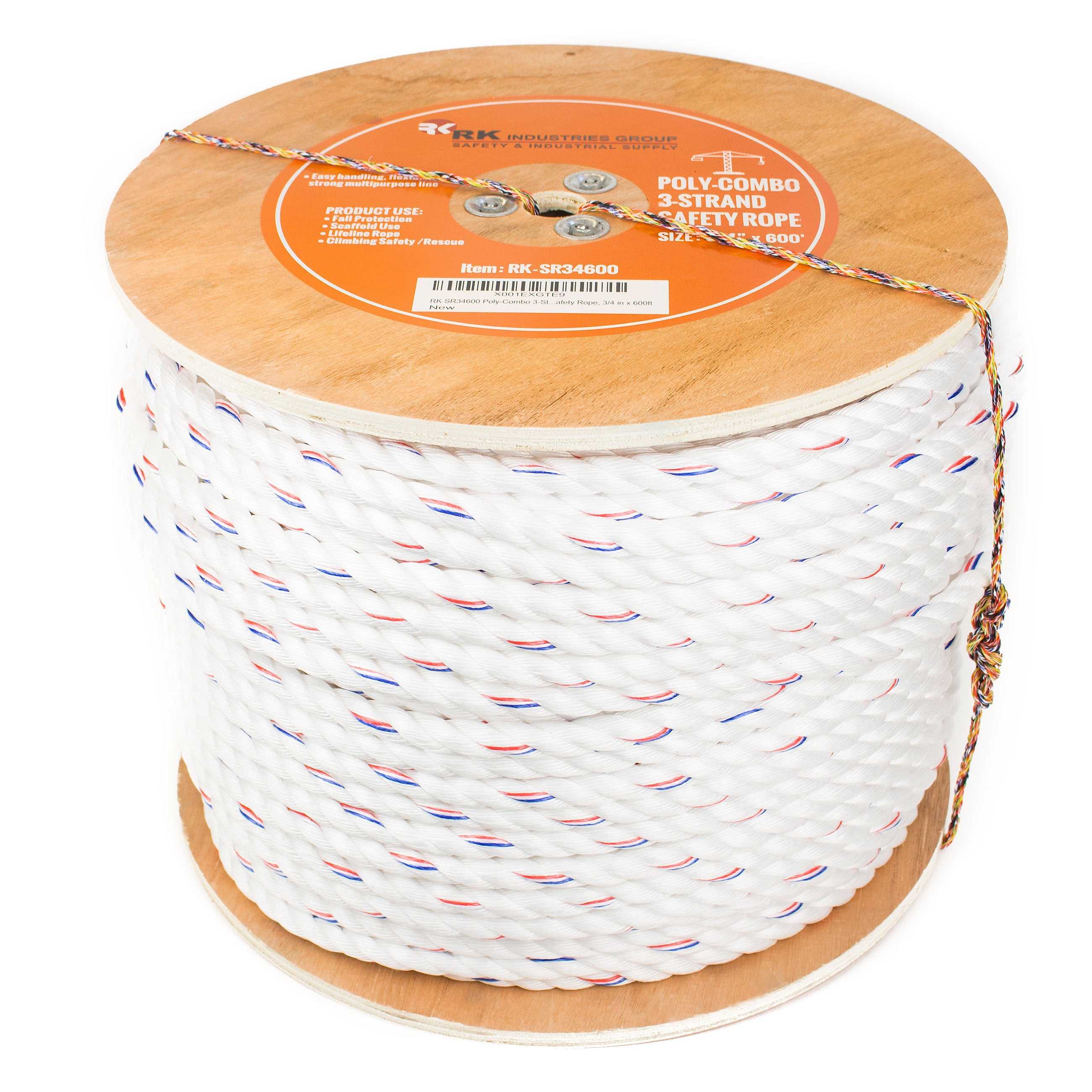 RK SR34600 Poly-Combo 3-Strand Safety Rope, 3/4 in x 600 ft