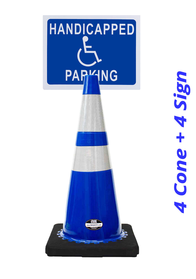 RK-Safety 28" Blue Cone, Black base With Two Reflective Tape, Plus Cone Sign 40 "Handicapped Parking", (Cone-4 ea + Cone Sign-4 ea)-RK Safety-RK Safety